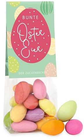 Bunte Ostereier, süßer Naschbeutel mit 60 Gramm leckeren Sommermandeln, Mandeln in feiner Joghurtcreme und dünner Zuckerdecke, tolles Ostermitbringsel