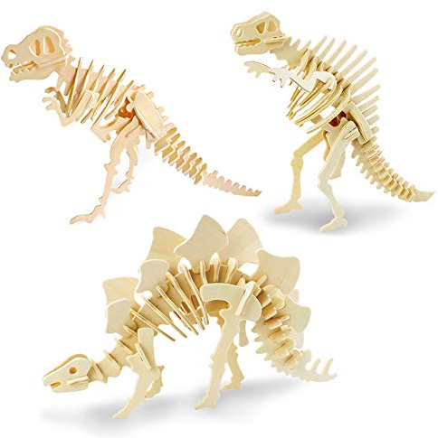 Georgie Porgy 3D träpussel flygplan modell flygplan kit byggstenar Woodcraft barn pussel leksak ålder 5 + pack 3 (T-rex Spinosaurus Stegosaurus)