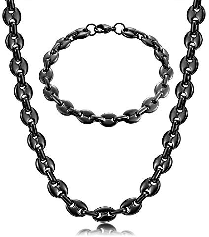 AFSTALR Collana Chicco di caffè Uomo Acciaio Inossidabile 6/9/11mm Bracciale Chicco di caffè in Set Bracciale con Catena Uomo Gioielli Argento/Oro/Nero Hip Hop di caffè Argento 51/56/61CM