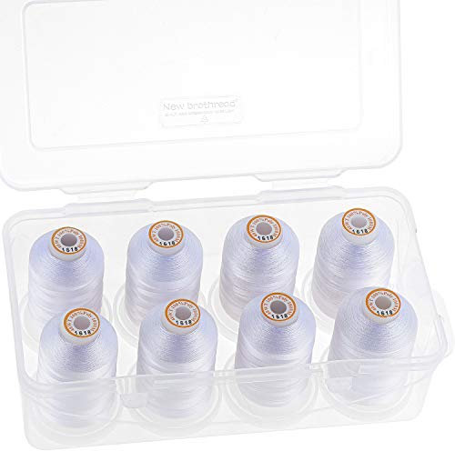 New brothread - 18 Optionen - 8 Schnappen Spulen von 1000m jeder Polyester Maschine Stickgarn mit Klarer Kunststoff Aufbewahrungsbox für Stickerei & Quilten - Weiß