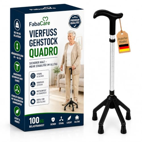 FabaCare Vierfuß Gehstock mit Fritz-Griff für Links und rechts, Vierfußgehstütze, Vierfußgehhilfe, Gehhilfe, Gehrahmen bis 100 kg