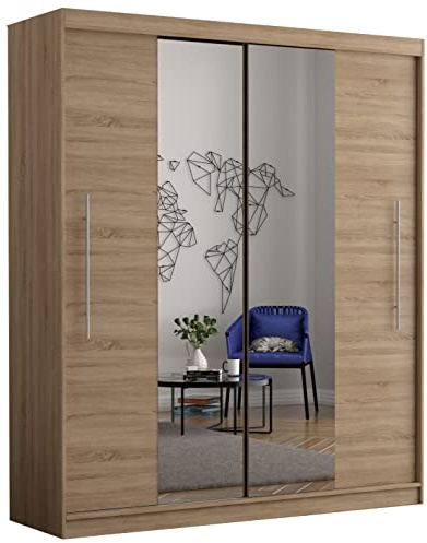 Fabryka Mebli Idźczak Kleiderschrank mit Spiegel, Wohnzimmerschrank -Sonoma Schwebetürenschrank, Schlafzimmerschrank - ‎58 x 204 x 218 cm - Schrank für Schlafzimmer, Wohnzimmer, Garderobe