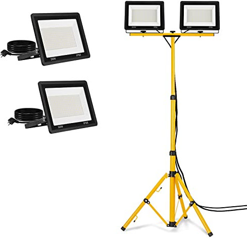 Aufun Faretto LED da costruzione, 2 x 200 W, con treppiede, doppio faretto bianco freddo, con cavo 3 m, luce da lavoro, impermeabile, IP66, per garage, giardino, cantieri