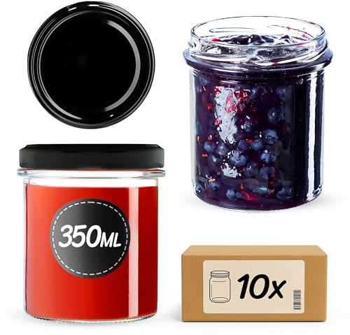 KADAX 10 tarros de conservas de 350 ml con tapa de rosca fi82 mm, tarros de almacenamiento para setas, conservas, miel, mermelada con tapa, tarros herméticos para regalar, tarros de rosca