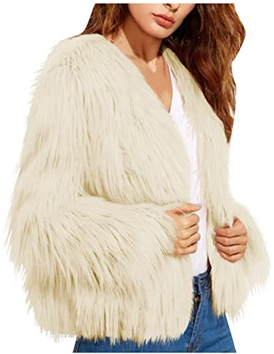 Azruma Damen Teddyfell Jacke Kunstfell V-Ausschnitt Langarm Plüschjacke Elegant Einfarbig Fleecejacke Winter Warm Mantel Locker Freizeit Übergangsjacke Kunstpelzjacke Wintermantel Winterjacke