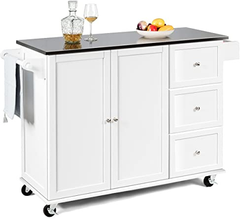 COSTWAY Large Kitchen Storage Trolley, Rolling Island Cart with Stainless Steel Countertop, Adjustable Shelves & 5 Wheels, Home Dining Room Serving Utility Organiser Cabinet, 136x46x91cm (White)