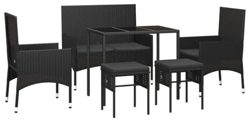 vidaXL Garten Lounge Set 6-TLG., Gartenmöbel Set mit Kissen, Sitzgruppe für Garten Terrasse, Loungemöbel Bank Stuhl Hocker Tisch, Schwarz Poly Rattan