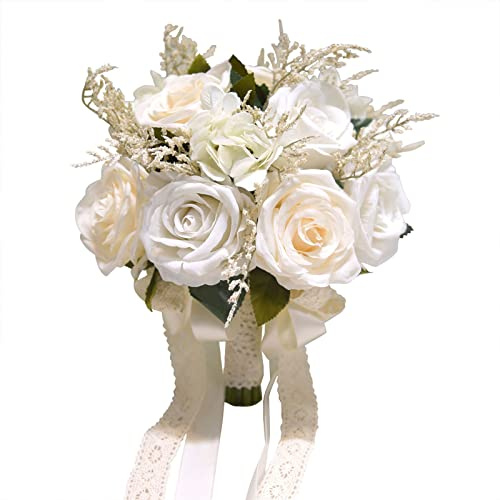 Wedding Bouquets For Bride, Champagne White Rose Bridal Bouquets For Bride With Silk Ribbon, Artificial Flower Bouquet For Wedding, Bridesmaid Bouquets For Valentine's Day Ceremony Church Decor
