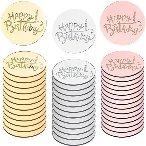 JEOPKO 30Pcs Personalised Cupcake Toppers,Acrylic Cupcake Toppers Happy Birthday Cake Disc Round Mirror Cake Charm for Cupcake Decoration Party Supplies(Gold, Silver and Rose Gold, Round)