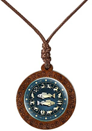 LODMLOER Kreative Holz-Sternzeichen-Halskette – Zeit-Edelstein-Glas-Anhänger-Halskette,Löwe,Skorpion,Zwilling,Sternzeichen-Anhänger,Sternzeichen-Schmuck Für Frauen Und Mädchen,Fische,45Cm