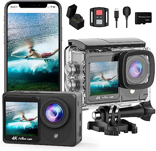 Yolansin Caméra d'action 4K30FPS Deux Écrans avec Carte SD 32G, Pré-Enregistrement HD 20MP Touchscreen Sport Caméra, 131FT Caméra Étanche avec EIS 2.4G Télécommande 2 Piles Accessories