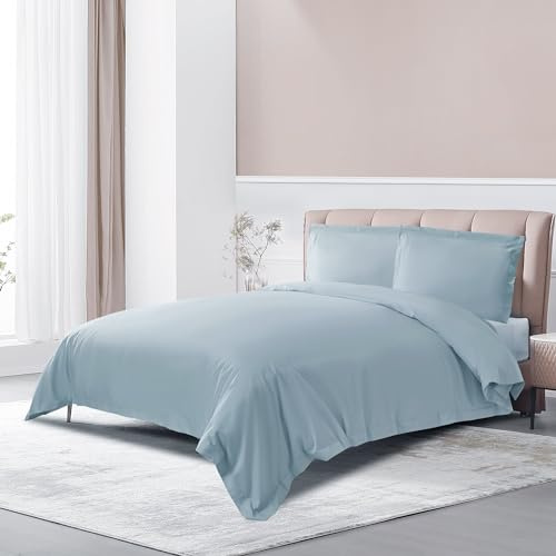 THE COTTON & SILK® 100% Luxury Long-Staple Cotton Duvet Cover - Soft & Breathable - Include 1 Duvet Cover with Corner Ties & Hidden Zipper - Misty Blue, Twin Size