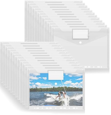 Dokumententasche A4, Mezzar 24 Pcs Dokumentenmappe Transparent, Sammelmappe mit 11 Lochrand Knöpfen und Etikettentasche Sichttasche Klassenzimmer Dokumenten zum Abheften (Transparent)