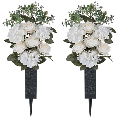Memobloom Cemetery Flowers for Grave Decorations: 2 Pcs White Artificial Rose Hydrangea Spring Flower Arrangements Silk Funeral Floral Bouquet with Vase for Outdoors Gravessite Decor
