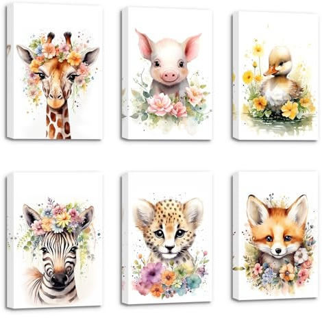 ZXHYWYM Safari Tier Kinderzimmer WandDekor 6 Teilig Waldbaby Tierbild Leinwanddrucke Aquarell Dschungeltier Poster für Kinderzimmer Klassenzimmer Dekor (Bild-3, (20.00 x 30.00 cms x 6 Teilig))