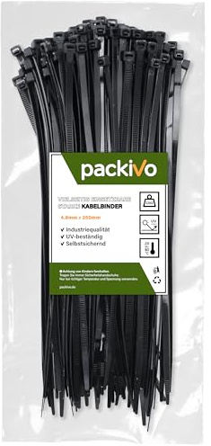 PACKIVO Bridas profesionales de 4,8 x 250 mm, 100 unidades, color negro, calidad industrial, resistente a los rayos UV, resistencia a la tracción hasta 22 kg, gestión de cables, industria, talleres,