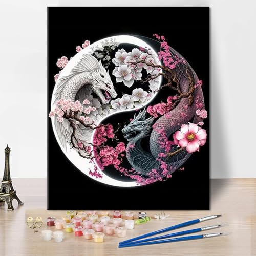 TISHIRON Malen nach Zahlen Erwachsene Yin Yang, Blumen Tiere Acrylmalerei | ölmalerei malerei mit pinseln, entspannendes hobby, leinwand geschenke, wanddekoration für zu hause, 40 x 50 cm rahmenlos