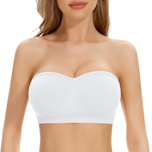Damen Trägerloser BHs Push Up ohne Bügel Bandeau Top Damen Gepolsterter Seamless Ribbed Rutschfestes Silikon mit Transparenten Trägern