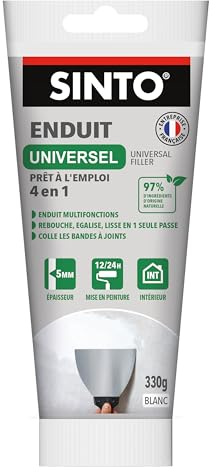 SINTO Enduit universel pâte blanc 330g | Rebouche égalise et lisse en 1 seule passe jusqu'à 5mm, colle les bandes à joints, plâtre béton brique, prêt à l'emploi