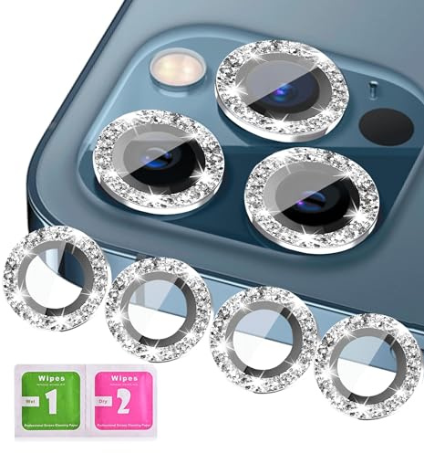 KONVOK Camera Protection Compatible with iPhone 13 and iPhone 13 Mini Camera Protection, Bling Glitter Individual 9H Tempered Glass Metal Ring Cover, HD Clear Lense, Pack of 4 (Silver)