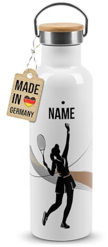 PR Print Royal Edelstahl-Trinkflasche für Sportler mit Name selbst gestalten - Tennis - Geschenk Sportler, Personalisierte Geschenke für Frauen | Thermosflasche Weiß, 750 ml