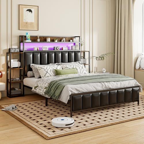 WIZBED Polsterbett Bett Metallrahmen 140x200 cm, Metall Bettgestell Lattenrost aus Volleisen, Kunstleder Doppelbett L-E-D Kopfteil mit 2 Stauraum Regal, Ohne Matratze (Schwarz, 140x200)