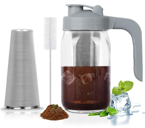Jarra de café Cold Brew, jarra de vidrio resistente de 32 onzas con tapa de mango de boquilla de vertido, filtro de acero inoxidable para café helado, té helado, bebidas de frutas, color gris limonada