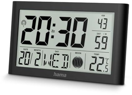 Hama Orologio da parete digitale (DCF radiocontrollato con termometro, orologio con funzione sveglia, 2 sveglie, visualizzazione di calendario, giorno della settimana, fasi lunari, base pieghevole,