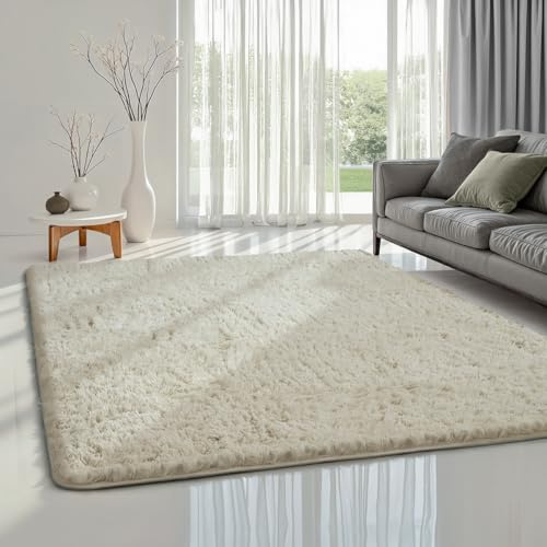 the carpet Soft Shaggy Flauschiger Hochflor Teppich, Wohnzimmer, Kinderzimmer, Anti-Rutsch Unterseite, kuschelig weich und super Soft, Creme, 120 x 160 cm