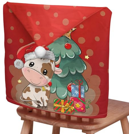 Treer 2024 Fundas para Sillas Navideñas, 4/6/8 Piezas Fundas para Sillas de Comedor de Decoración de Navidad, Vaca Lechera Animados Fundas Protectoras Sillas de Navidad (Lote de 8,Rojo)
