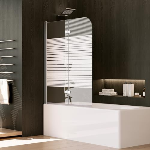 DOOLEEWEE Duschwand für Badewanne 120 x 140 cm – 2-teilig faltbare Duschtrennwand mit weißen Querstreifen-Dekor, Duschabtrennung aus 6mm ESG Sicherheitsglas mit Nano-Beschichtung, Badewannenfaltwand