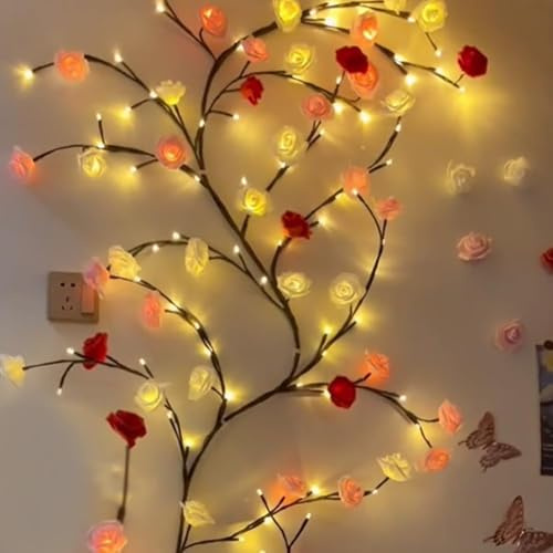 Rose Willow Vine Wanddeko - 120 CM 48 LEDs Lichterkette Wanddeko mit Fernbedienung, 8 Modi, USB-Betriebene Timer, Weidenrebe Baum Lichter für Schlafzimmer Deko Weinachtsdekorationen (230cm - 144 Leds)