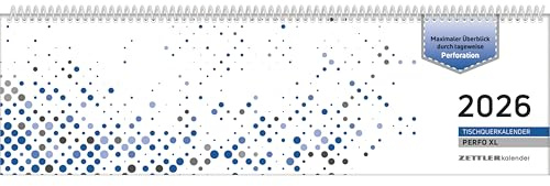 Zettler Tischquerkalender 1W/2S Perfo XL Blau 2026 – Bürokalender 36x11 cm, Wochenkalender mit 1 Woche auf 2 Seiten, Spiralbindung & Stundeneinteilung 7–20 Uhr, perforierte Tagesblätter