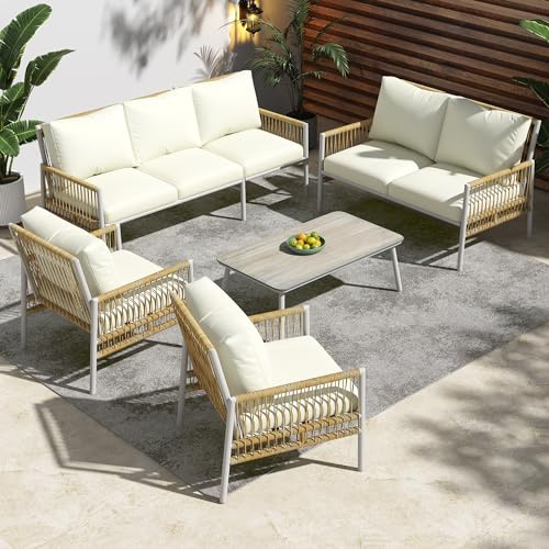 Jtyca Gartenmöbel Set 7-Sitzer, Balkon Möbel Set mit Couchtisch und Sitzkissen (abnehmbar und waschbar), Terrassemöbel Lounge-Set, Gartensofa für Lounge Möbel Outdoor, Gehärtetes Glas (Beige)
