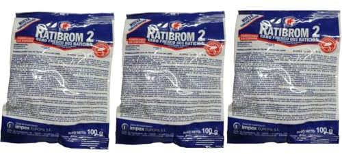 Pack 3 Unidades Ratibrom 2 Cebo Fresco 100g - Impex. Raticida eficaz contra Ratas y Ratones. Listo para Usar. Eficaz con Solo una Ingesta.