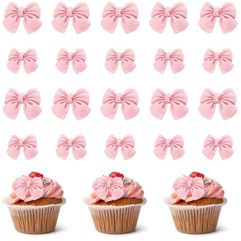20 Stück Cupcake-Dekorationen mit rosa Schleife, Kuchenaufsatz-Zubehör mit Schleife, Cupcake-Aufsätze mit rosa Schleife, Kuchendekor-Schleifen zum Kuchendekorieren für Themenpartys, Verlobungen
