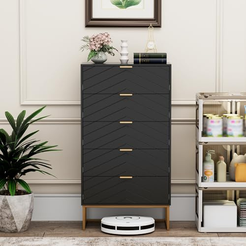 UEV Commode avec 5 Tiroirs 60cm, Meuble de Rangement, 60x34x110cm, Noir