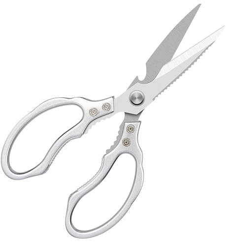 Omnikryp Forbici da Cucina, Affilate Multiuso Forbici da Acciaio Inox, Forbice Trinciapollo con Manico Metallo, Forbice per Tagliare Ossa, Carne, Pollame, Verdure, Noci, Frutti di Mare, Argento