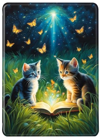 Schutzhülle für Kindle Paperwhite 12. Gen 2024 / Colorsoft 7,0 | Hülle Flip PU + Silikon TPU | Stoßfeste Robustes Design mit Auto Wake/Sleep Funktion | Blumen auf dem Buch Katze Motive (Color 2)