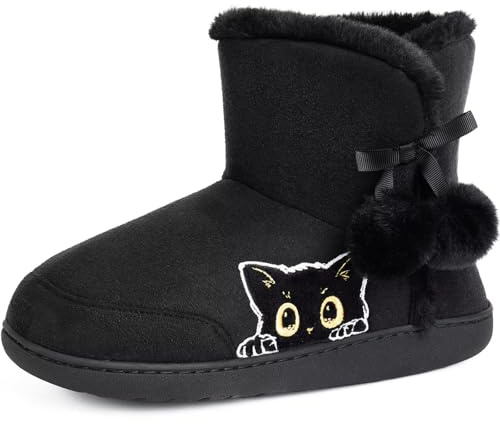 BUGUKI Womens Cozy Indoor Bootie Slippers Winter Warm Plush Slipper Boots Memory Foam House Boots with Cute Cat or Dog Cartoon Animal Embroidery, Black 38 39