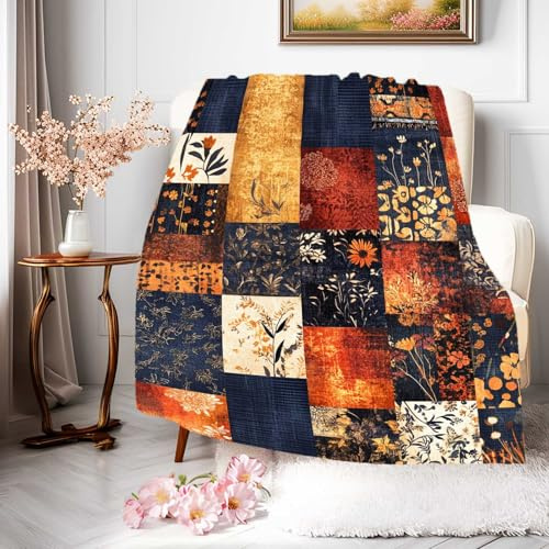 Coperta in Peluche Flower Printed Patchwork Vintage Blue Beige Geometric Copriletto Confortevole Coperte Morbido Blanket per Tutte Le Stagioni Ufficio Camera da Letto M
