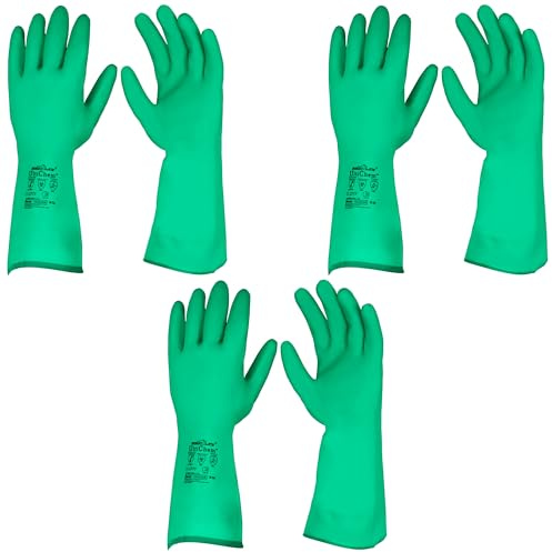 BISON LIFE 15 Mil Nitrile Chemical-Resistant Gloves 3 Pairs, Medium – 13 Reusable Industrial Protective Gloves, Flocklined w/Raised Diamond Grip for Lab Work, Cleaning, Waste Management,Dishwashing