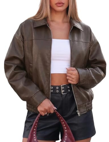 FOMELY Faux Leather Jacket Women Oversized Bomber Motorcycle Y2K Moto Biker Racer Fall Coat with Pockets 2026 Trendy Brown Pleather Zip Up Aviator Small Size 4 6