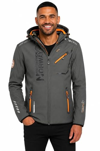 Geographical Norway Chaqueta Softshell Hombre Royaudb Dsitribrands Production Impermeable Cortaviento con Capucha para Exterior Rutas Senderismo Esquí Invierno Otoño Primavera (Gris Naranja XL)