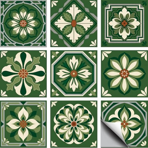 CHGCRAFT 36 Pcs 9 Style Green Retro Flowers Patten Tile Sticker Mandala Yellow and Green Patten Wall Tile Stickers Waterproof Self Adhesive Stick on Decals for Kitchen Bathroom Wall Art 4×4 Inch