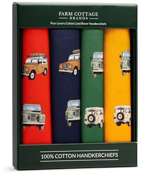 A pack of four boxed 100% cotton handkerchiefs - 40cm x 40cm - with Series 3 Land 4x4 Rover vehicles across the handkerchief.