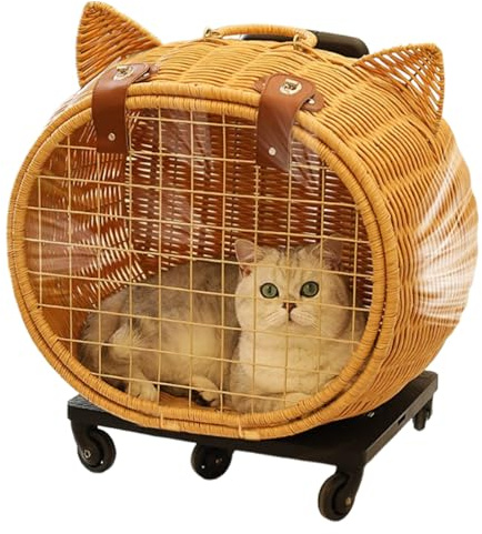 Katzenwagen Mittlerer Haustiertransporter Retro atmungsaktiv mit Wagen | Niedlicher Rattan-Welpenwagen & Katzentransporter Kaninchenbeförderung für Spaziergänge, Picknick,