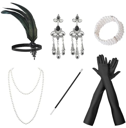 GWAWG 6PCS 1920's Accessories Set Flapper, Roaring 20's Theme Set pour les femmes, bandeau de tête gants longs collier boucles d'oreilles bracelet de prop portatif pour les femmes dames Theme Party