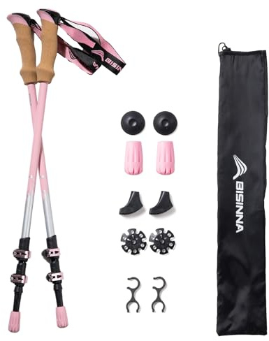 BISINNA Wanderstöcke, 135cm Teleskop Trekkingstöcke aus Aluminium, Korkgriff, 2 Stück, Unisex für Erwachsene, Wandern Nordic Walking Skitouren (Rosa)