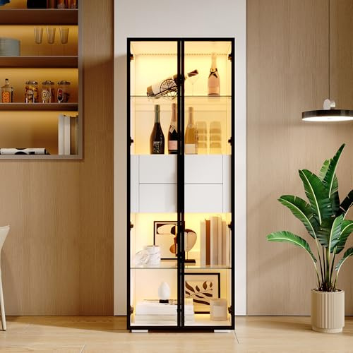 Vitrine 60x40x160 cm Weiß mit Hart Glastür, Soft-Close, 2 Schubladen, LED-Beleuchtung, 2 Glasböden, Hochschrank Highboard Sammlervitrine Wohnzimmerschrank Sofaschrank 60kg